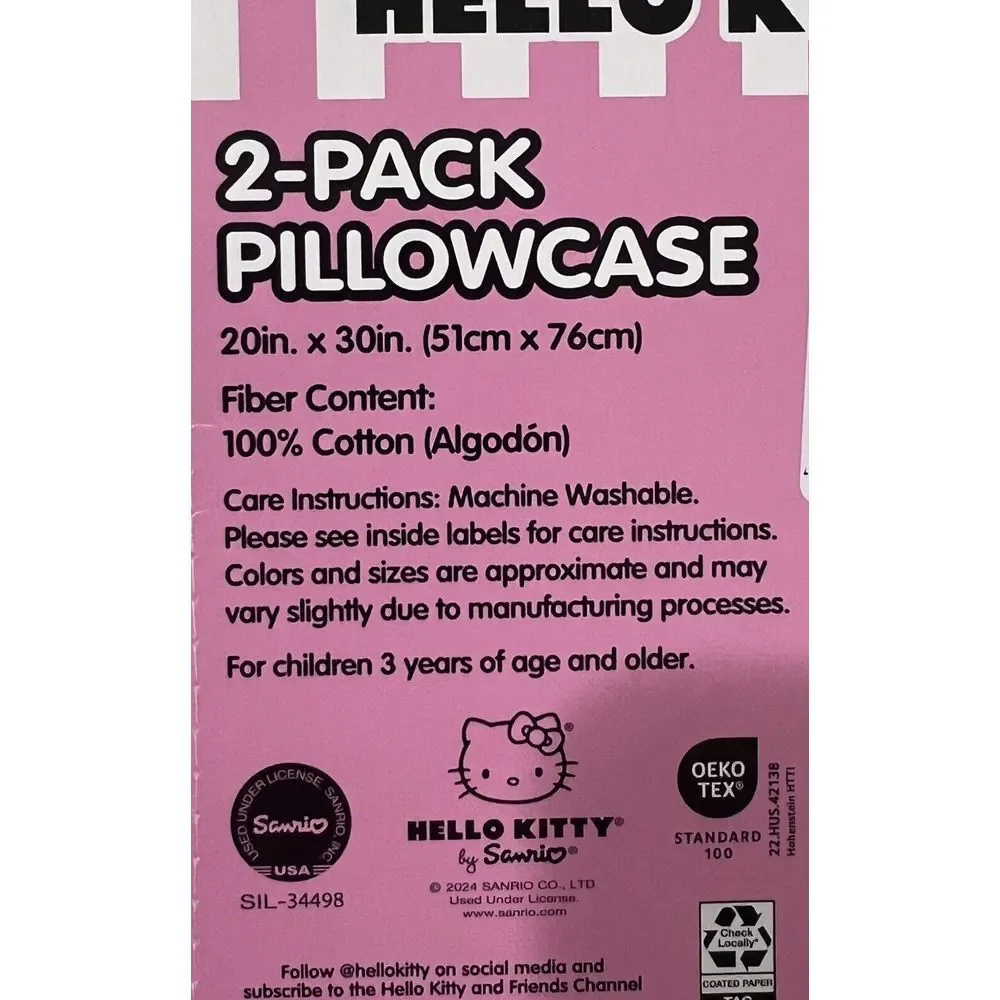 New Sanrio Hello Kitty‎ Standard 2-Pack Pillowcase Pink Bow Kitty Heads